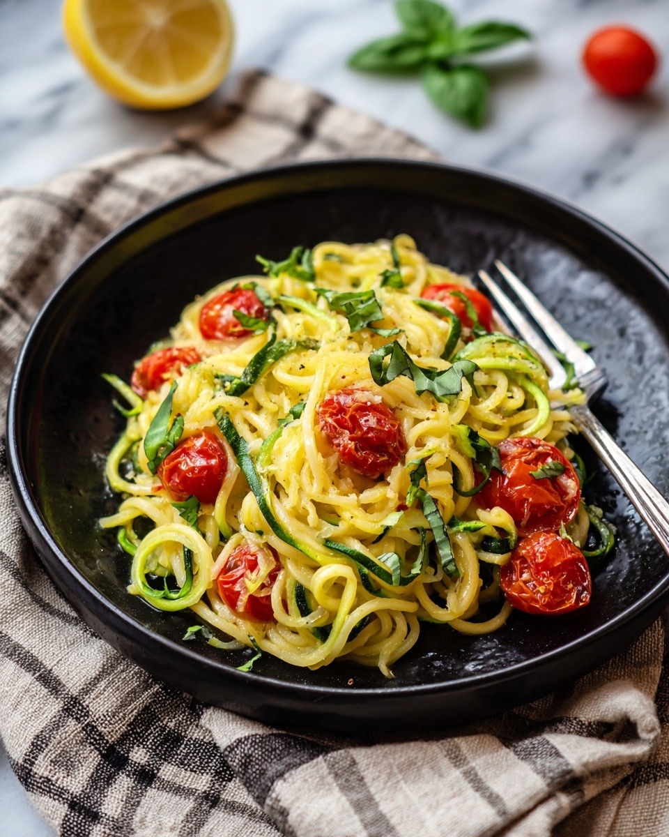 A close-up of a round black ceramic plate filled with one main layer of yellow spaghetti mixed with green zucchini noodles, topped with bright red cooked cherry tomatoes and scattered small green basil leaves. A silver fork with twisted pasta and zucchini noodles is positioned on the right side of the plate. In the background, there is a checkered beige and gray cloth on a white marbled surface, with a half lemon visible in the upper left corner and whole red cherry tomato near the bottom right corner. Photo taken with an iphone --ar 4:5 --v 7