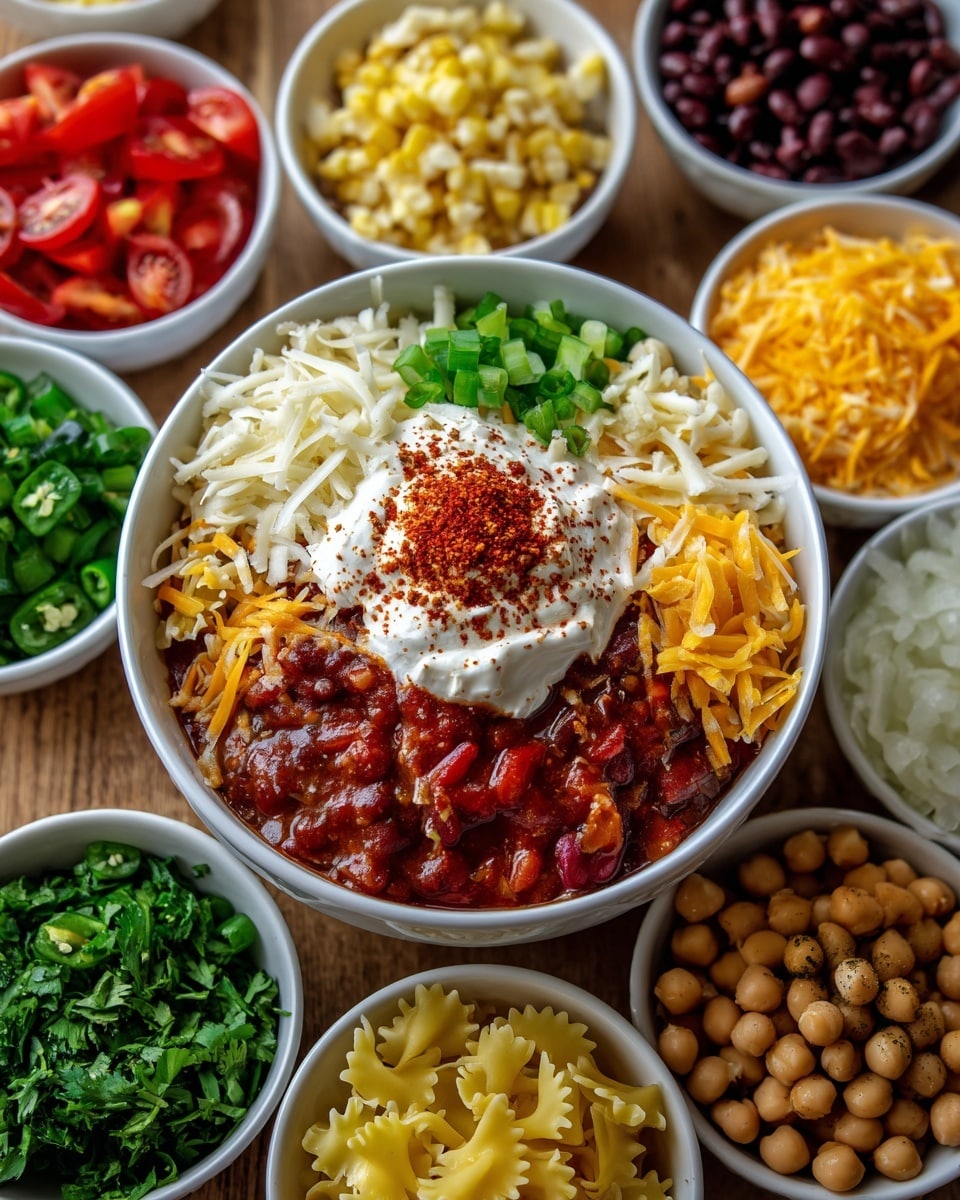 The image shows a white bowl in the center filled with multiple layers: a red sauce base, white sour cream on top, a sprinkle of red spice, and some green chopped peppers on one side. Around this bowl are several smaller white bowls containing different ingredients, including shredded yellow cheese, halved cherry tomatoes, chopped white onions, corn kernels, cooked black beans, chickpeas, fresh chopped green herbs, diced red peppers, cooked yellow pasta with ruffled edges, and chopped green chilies. All bowls rest on a wooden surface. Photo taken with an iphone --ar 4:5 --v 7
