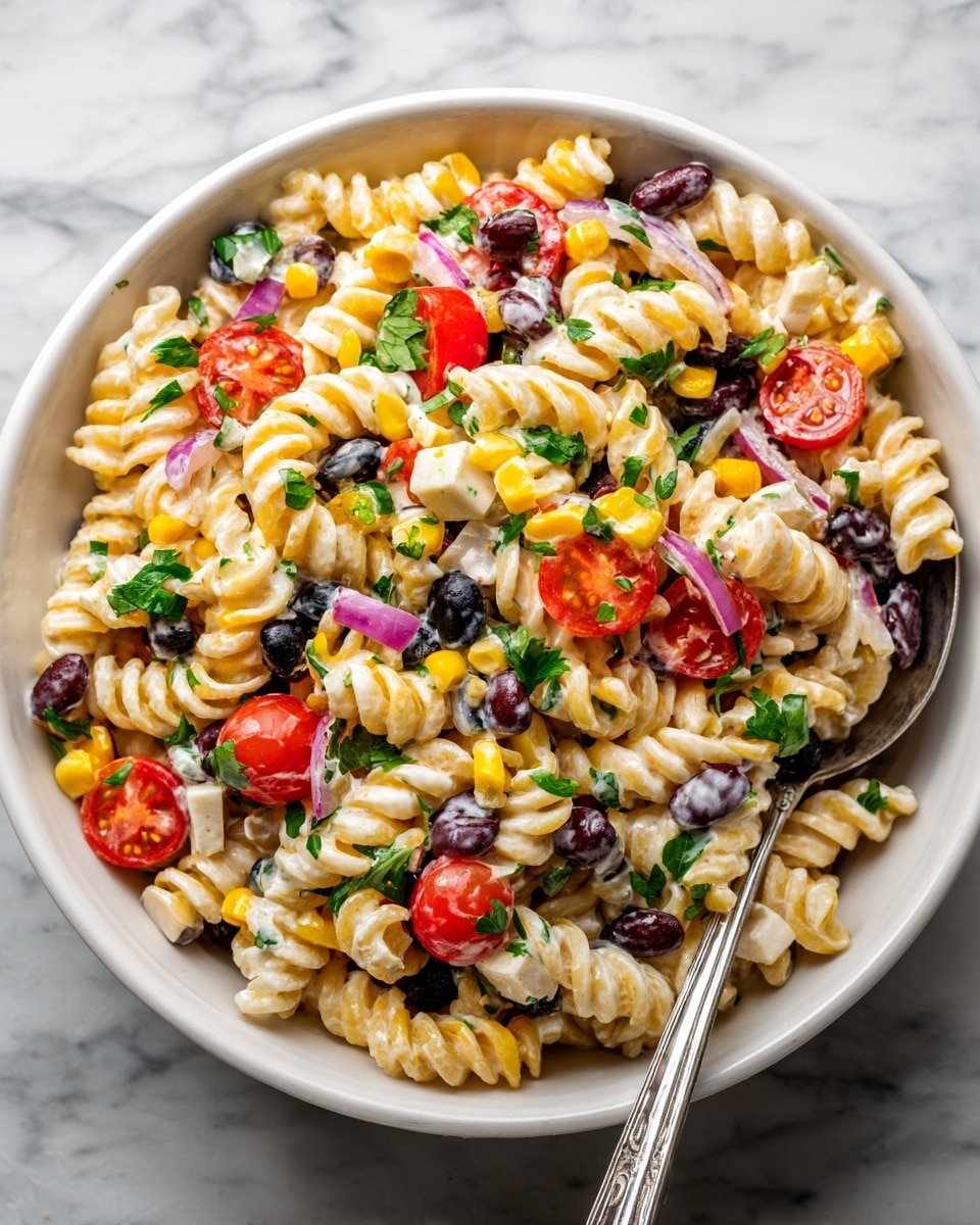 A close-up view of a white bowl filled with pasta salad made of spiral pasta mixed with black beans, corn kernels, sliced black olives, red bell pepper pieces, halved cherry tomatoes, diced white vegetable pieces, chopped red onions, and green cilantro leaves, all coated with a creamy dressing. A silver spoon is placed on the right side inside the bowl. The background is a white marbled surface photo taken with an iphone --ar 4:5 --v 7