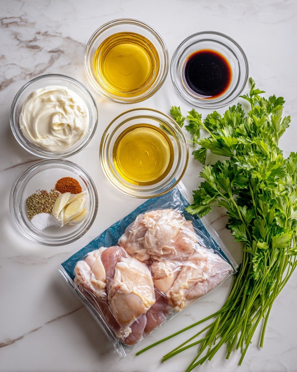 The image shows six small clear glass bowls on a white marbled surface, each containing different ingredients: a white creamy sauce, some garlic cloves, a golden liquid likely honey, a dark red liquid resembling soy sauce or vinegar, yellow olive oil, and a mix of dried spices with salt. Next to these bowls is a blue and white package of raw chicken thighs in plastic wrapping, and two bunches of fresh green parsley sit to the right, creating a clean and organized layout of ingredients. photo taken with an iphone --ar 4:5 --v 7