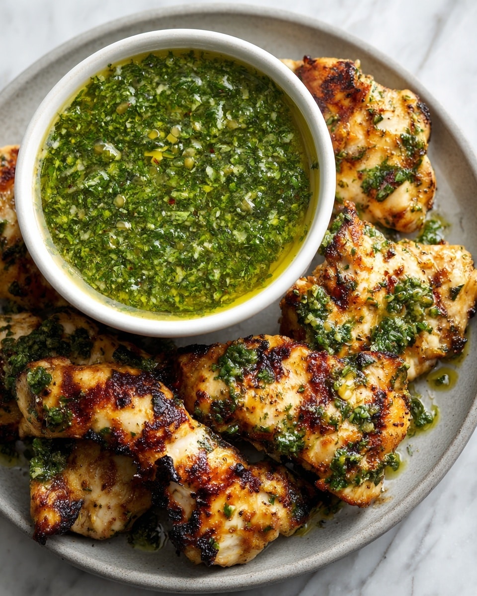 A white bowl filled with green herb sauce with pieces of onion and olive oil is near the top left. The bowl sits on a round grayish plate filled with many pieces of grilled chicken with a golden-brown and slightly blackened surface showing grill marks and herbs. The chicken pieces cover the plate in a slightly crowded way. The background is a white marbled texture. photo taken with an iphone --ar 4:5 --v 7