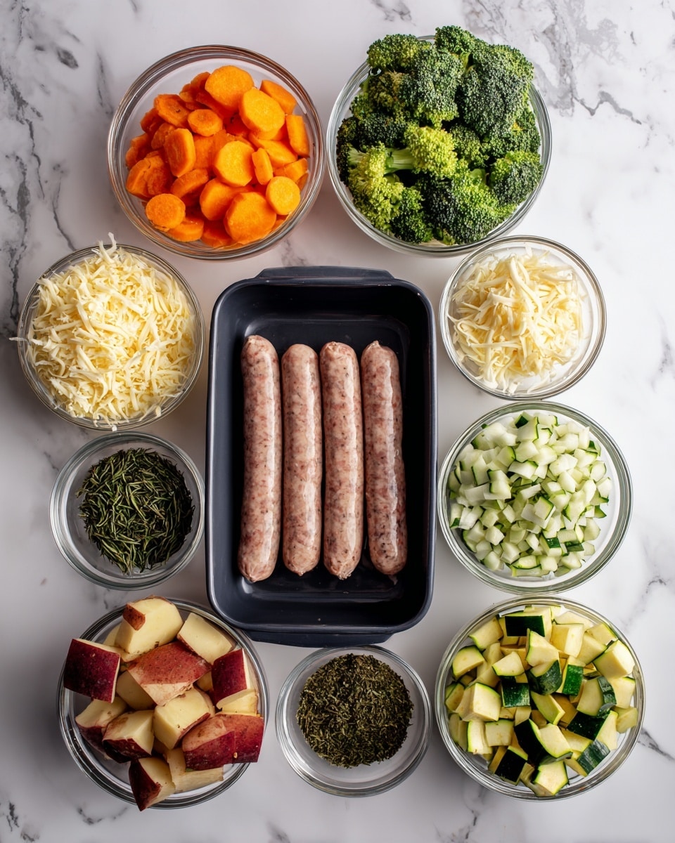 The image shows ingredients arranged neatly on a white marbled surface. In the center, there is a black package holding four pinkish-brown sausages. Around it are seven clear glass bowls: top left with sliced bright orange carrots, top middle with grated pale yellow cheese, top right with green broccoli florets, middle right with a small amount of beige sauce, bottom right with chopped white and green zucchini pieces, bottom middle with dark green dried herbs, bottom left with red-skinned potato chunks, and middle left with another small bowl of green dried herbs. The colors are fresh and natural, and the arrangement is clean and organized. photo taken with an iphone --ar 4:5 --v 7
