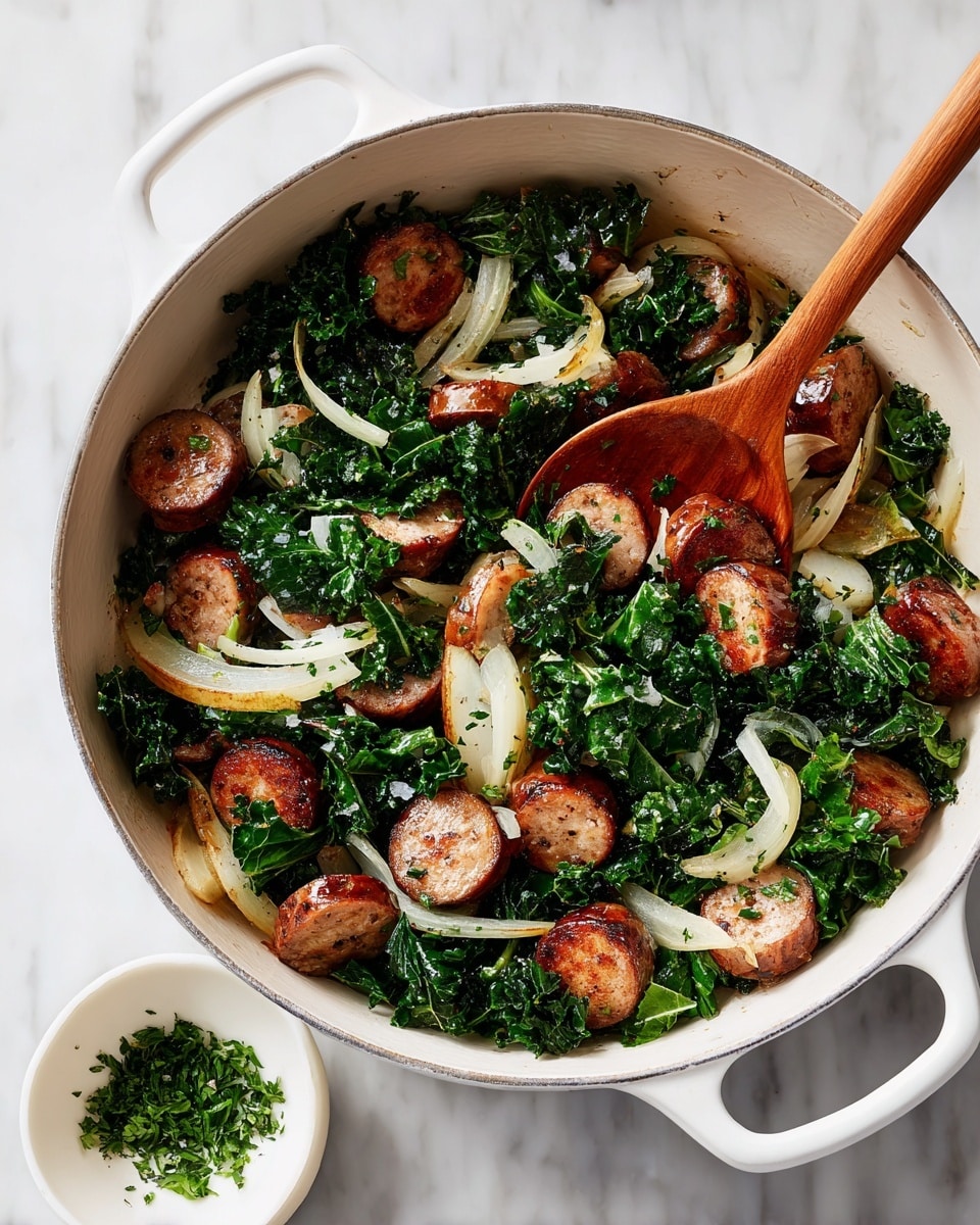 A white pot filled with cooked sausage slices, apple wedges, kale pieces, and thin onion strips is shown. The sausage is browned and round, scattered throughout the pot. The apple wedges are pale with red edges, cut in medium-thick slices and spread among the sausage. Dark green kale leaves add texture, mixed evenly on top and in between the other ingredients. Thin, soft white onion strips are scattered lightly over the dish. A wooden spoon rests on the right side inside the pot, partially covered by the food. The pot sits on a white marbled surface, with a small round white dish holding chopped herbs nearby. Photo taken with an iphone --ar 4:5 --v 7