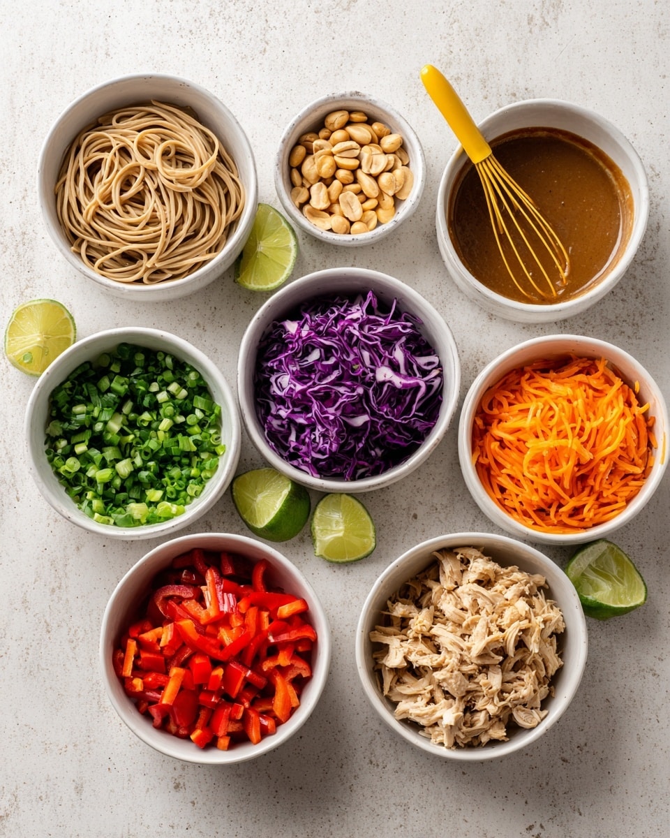 The image shows nine small white bowls arranged on a white marbled surface, each filled with different colorful ingredients. From top left to right, there are cooked soba noodles with a light brown color, a bowl of peanuts, and a bowl of smooth brown peanut sauce with a yellow whisk inside it. Below those, there is a bowl of shredded purple cabbage with a rough texture, a bowl of fresh green chopped cilantro, and a bowl of finely grated orange carrots. Toward the bottom left, a bowl holds bright green chopped scallions, next to a bowl of diced red bell peppers with a shiny texture. The last bowl at the bottom right contains cooked, shredded chicken pieces that are light beige with some brown grill marks. Two lime wedges are placed near the top center. Photo taken with an iphone --ar 4:5 --v 7