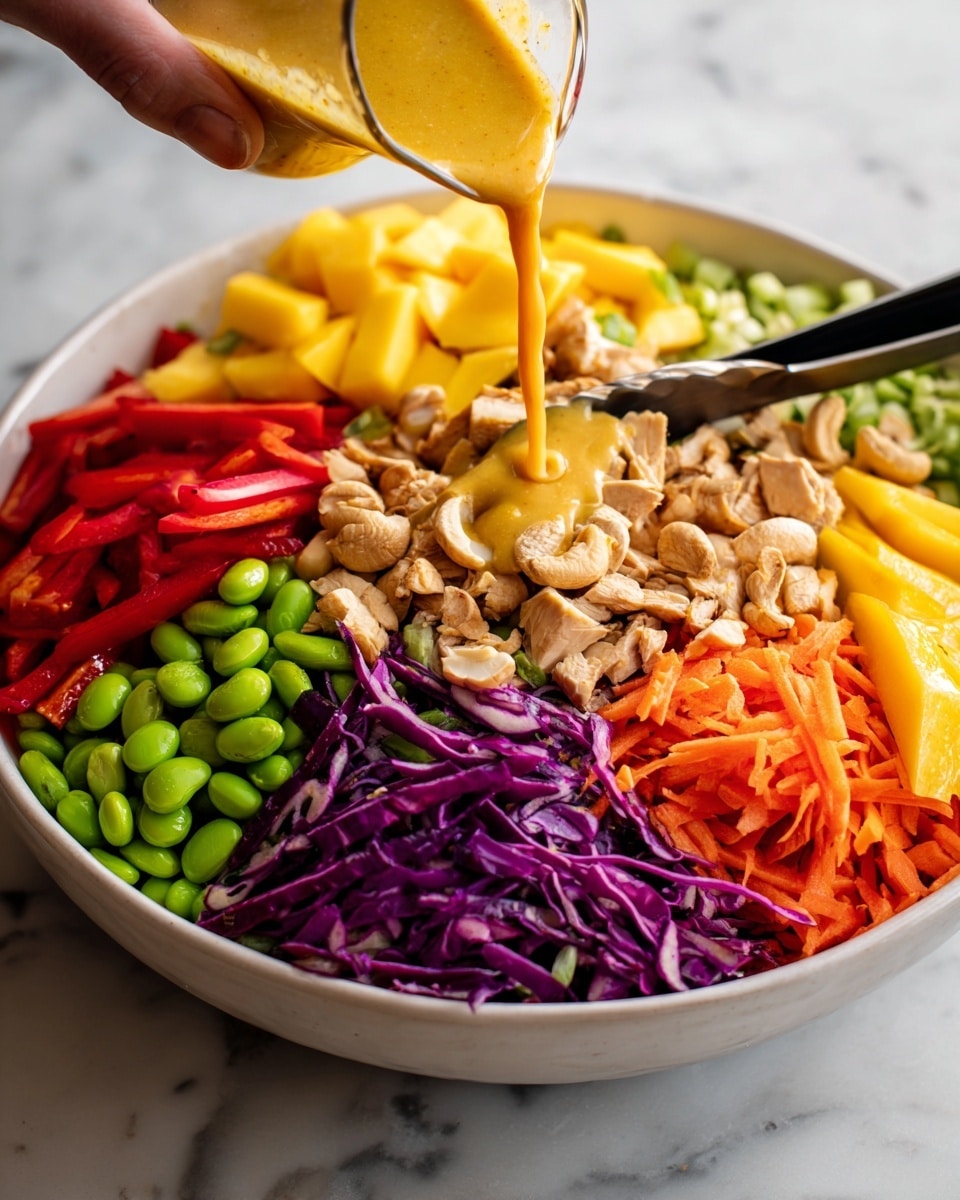 A large white bowl filled with a colorful salad that has many layers. The base layer includes shredded purple cabbage and orange carrot sticks mixed with light green edamame beans. On top, there are slices of bright yellow mango, red bell pepper pieces, and chunks of cooked brown chicken. Light brown cashew nuts are scattered throughout, adding texture. A woman's hand is pouring a creamy orange dressing over the salad from a glass pitcher, and black salad tongs rest inside the bowl. The bowl sits on a white marbled surface. Photo taken with an iphone --ar 4:5 --v 7