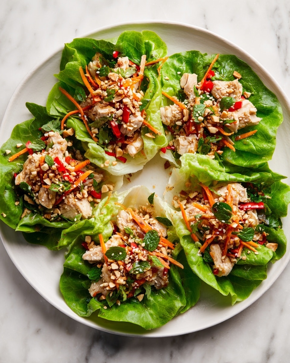 A white plate holds six lettuce wraps arranged in a circle on a white marbled surface. Each wrap has a fresh, bright green leaf as the base layer, with small pieces of cooked light brown chicken on top. Thin orange carrot strips and small red bell pepper chunks add color. There are also bits of green herbs and sesame seeds sprinkled over all wraps. Crushed light tan nuts are scattered on some of the wraps for texture. The dish looks fresh and colorful, with a mix of soft, crunchy, and saucy textures. photo taken with an iphone --ar 4:5 --v 7