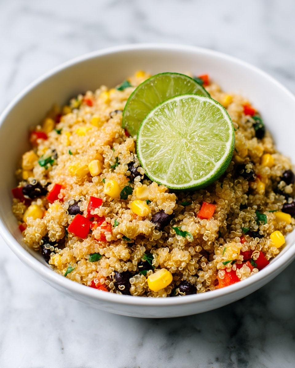 A white bowl filled with a colorful quinoa salad that has about four layers of ingredients mixed together. The base layer is light beige fluffy quinoa grains. Mixed evenly throughout are bright yellow corn kernels, small black beans, and diced red bell peppers that add red pops. There are also small green herb pieces scattered around, likely cilantro or green onions. On top of the salad sit two fresh lime wedges with a shiny green rind and juicy inner flesh. The bowl is placed on a white marbled surface, and the image has bright, natural lighting. photo taken with an iphone --ar 4:5 --v 7