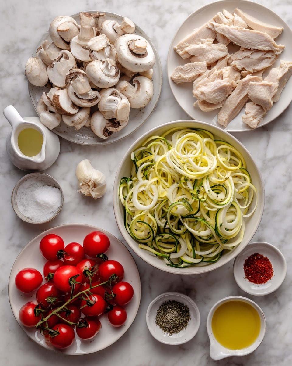 The image shows ingredients laid out on a white marbled surface, ready for cooking. There are slices of light beige chicken pieces placed neatly on a white plate at the top right. Near the top left, a small white plate holds sliced white mushrooms with hints of brown. At the center, a large white bowl is filled with long, thin spirals of green and pale yellow zucchini and squash. Toward the bottom left, two clusters of small, bright red cherry tomatoes on the vine rest on a white plate. Scattered around are small white garlic cloves, a small white cup of white powder, a small bowl of golden olive oil, and three small white bowls containing red seasoning, mixed herbs, and black pepper or salt. Everything is arranged neatly and clearly on the white marbled background photo taken with an iphone --ar 4:5 --v 7