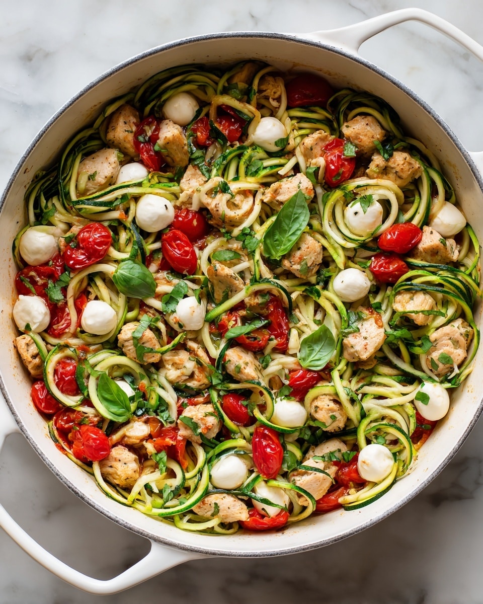 A white pan holds a colorful dish with many layers. The bottom layer has green spiral-cut zucchini noodles mixed with bright red cherry tomatoes. On top of this are many small, white pieces of cooked chicken, browned lightly. Scattered around the chicken are small, round white mozzarella cheese pieces and fresh green basil leaves. The mixture colors are fresh and bright with reds, greens, and white. The pan sits on a white marbled surface. photo taken with an iphone --ar 4:5 --v 7