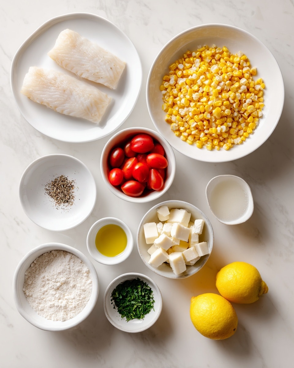 The image shows several white bowls and plates arranged on a white marbled surface, each holding different food ingredients. On the top right, there is a white bowl filled with yellow corn kernels and small corn pieces. To its left, a white plate holds two pieces of light beige raw fish fillets. Below the corn bowl is a small white cup with halved red cherry tomatoes. On the left side, there is a small white bowl with white flour and another with coarse black pepper. Centered in the image, a white cup has white chunks of cheese or butter. To the right of this, a small white cup contains a golden liquid, likely oil. Below these, a white bowl holds chopped green herbs. In front of that bowl, two halves of a bright yellow lemon are placed. The items are neatly spaced on a clean white marbled surface photo taken with an iphone --ar 4:5 --v 7