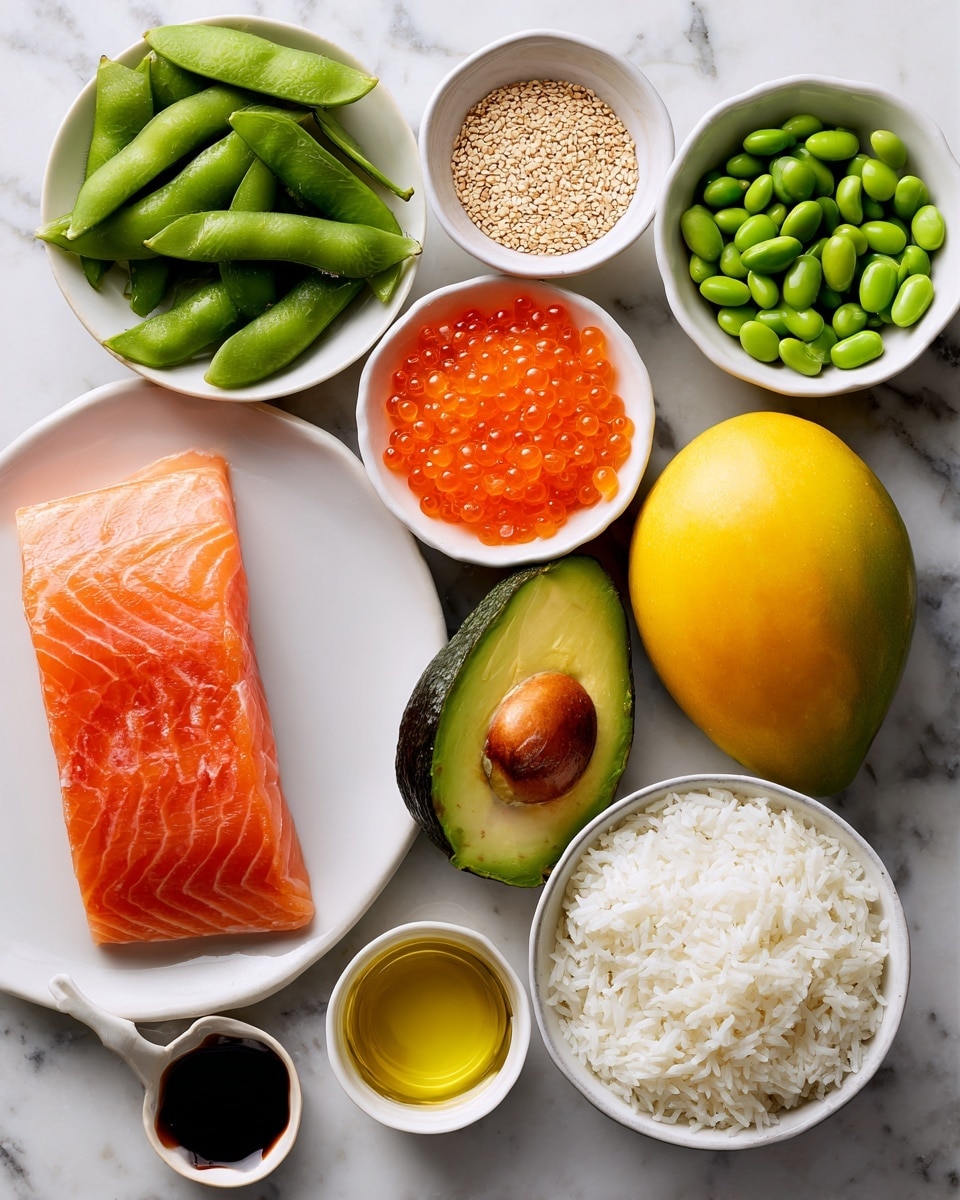 The image shows several white plates and bowls arranged on a white marbled surface. On one white plate, there is a thick, fresh piece of raw salmon with a pinkish-orange color and smooth texture. Nearby, a small white bowl holds bright orange fish eggs. Another larger white plate contains a whole yellow mango, a dark green avocado cut in half showing its green inside and brown seed, and a small white bowl of light brown sesame seeds at the top side. There is also a small bowl filled with bright green edamame beans. Several small white bowls hold different liquids: dark soy sauce, golden honey, and light-colored vinegar or oil. A white bowl full of white rice with a fluffy texture is placed at the bottom. The items are evenly spaced and the image looks fresh and colorful, photo taken with an iphone --ar 4:5 --v 7