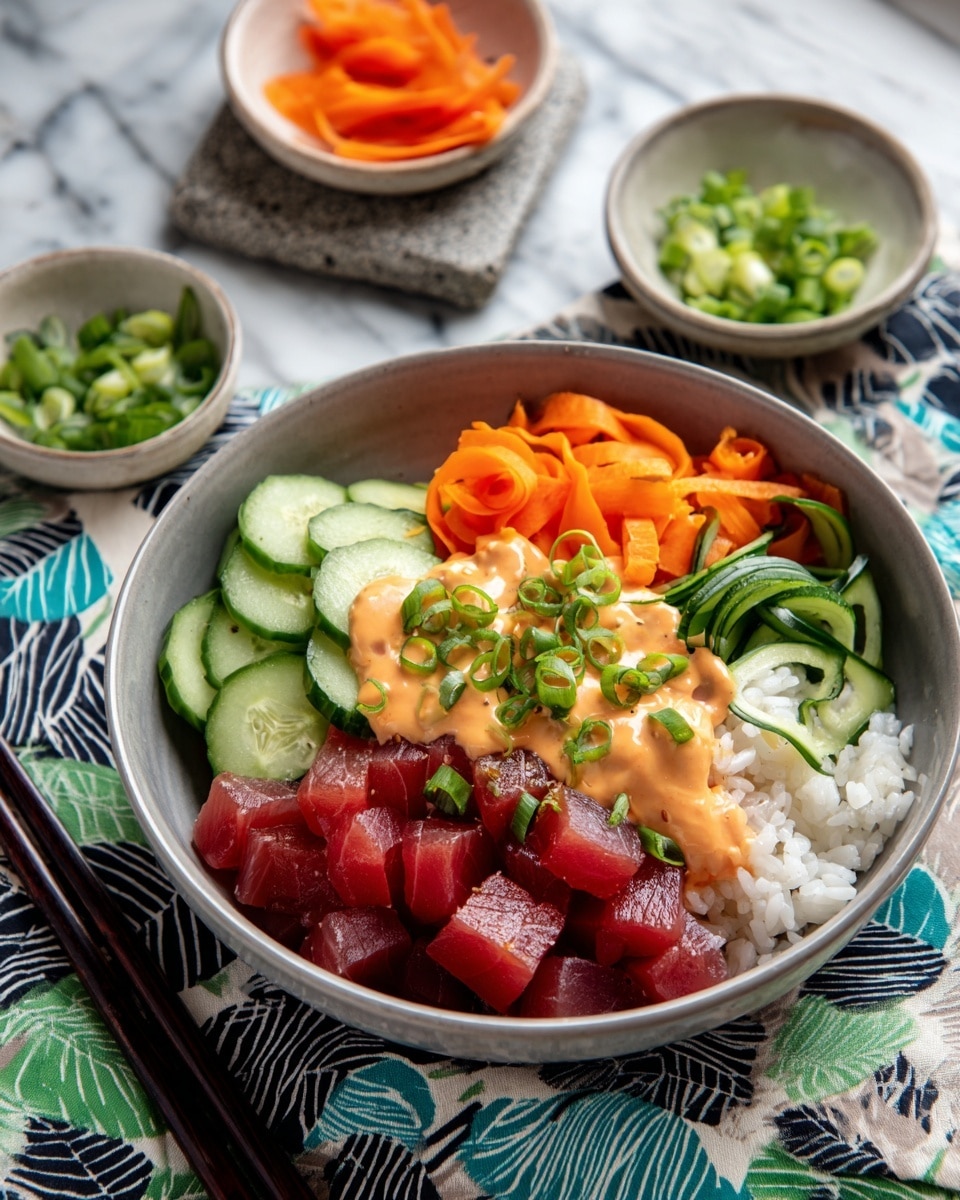 A gray bowl on a white marbled surface holds a colorful poke bowl with three main layers: at the bottom, there is a bed of white rice; above the rice, sliced dark red tuna cubes are on one side, bright green cucumber slices on another, and bright orange carrot sticks on the last side. The top layer is a light orange sauce drizzled over the tuna, with some green onions scattered on top. The bowl is placed on a patterned cloth with blue, green, and black leaf shapes. Nearby, there are two small white dishes, one with orange carrot sticks and the other with sliced green onion pieces. Two black chopsticks rest on a stone chopstick holder beside the bowl. photo taken with an iphone --ar 4:5 --v 7