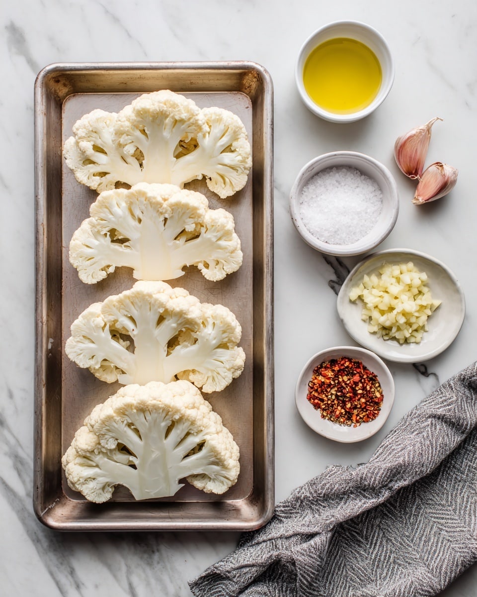 A metal baking tray with four slices of raw cauliflower laid out in a row, each slice showing a creamy white color and a firm texture with visible florets and stems. On the right side of the tray, there are three small white bowls: one filled with coarse salt, one with a mix of red and green spices, and the last one with chopped garlic. Above the tray on the white marbled surface, there are two more small white bowls, one containing a yellow liquid, likely oil, and the other filled with more chopped garlic. A folded gray cloth with a chevron pattern lies to the right side of the bowls. The photo taken with an iphone --ar 4:5 --v 7