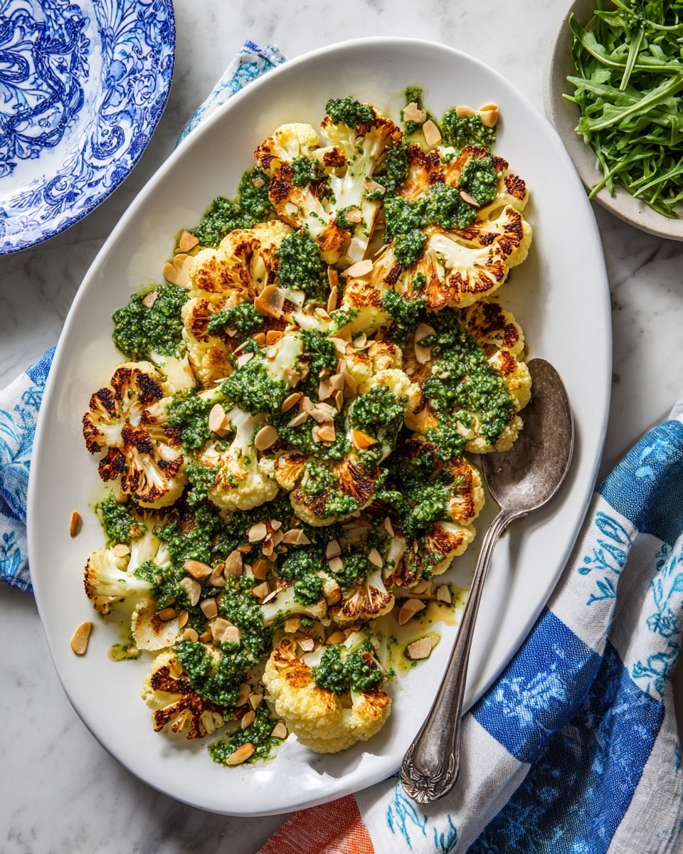 A white oval plate sits on a white marbled surface, filled with golden brown roasted cauliflower slices showing crispy edges and slightly charred spots. Over the cauliflower, there are dollops of bright green herb sauce spread unevenly, adding a fresh splash of color. Toasted almond slices, light tan and thin, are scattered across the entire dish, adding texture and contrast. A large silver serving spoon rests on the right side of the plate. Around the plate, there are blue patterned and blue and white striped cloths, with a small white bowl of fresh green arugula leaves visible in the top right corner. Photo taken with an iphone --ar 4:5 --v 7