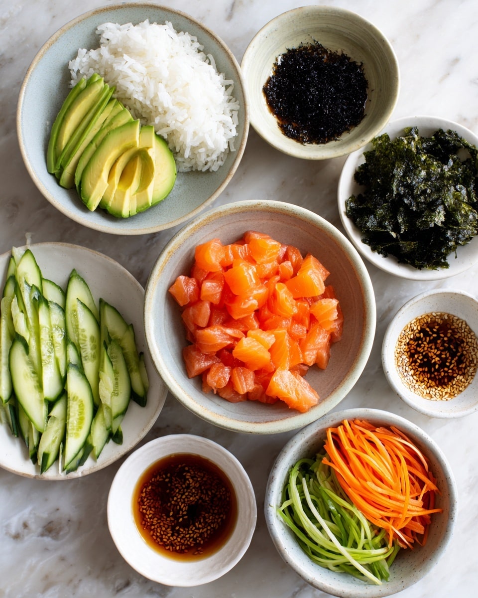 The image shows several white bowls on a white marbled surface, each filled with different sushi ingredients. There is one bowl with fluffy white rice, another with bright orange cubed raw salmon pieces, and a bowl with thinly sliced green cucumber and orange shredded carrot placed side by side. A small plate features several slices of green avocado, fanned out neatly. There are also two smaller bowls, one filled with dark green seaweed sheets stacked together and another with a dark seaweed and sesame seed mix. Three white bowls hold various sauces in light brown, dark brown with sesame seeds and bits, and reddish-brown colors. photo taken with an iphone --ar 4:5 --v 7