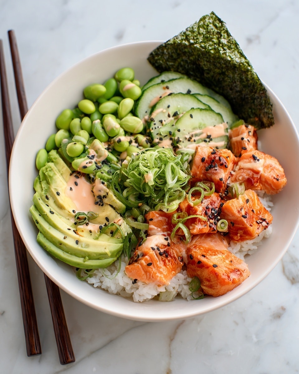 A white bowl holds a colorful poke bowl with five main layers. At the bottom, there is a layer of white rice with a soft texture. On top of the rice, there are fresh, bright green edamame beans scattered around. Next to them, there are slices of fresh cucumber with a light green skin and pale green inside, along with thin slices of ripe avocado featuring a creamy light green color. In the center, there are pieces of grilled salmon with a shiny, slightly charred orange and brown surface. The dish is finished with a light pink sauce drizzled over the salmon, avocado, and cucumber. Small green onion pieces and black sesame seeds are sprinkled on top, adding texture and color contrast. A square sheet of dark green seaweed is placed at the edge of the bowl. Resting on the bowl’s side are a pair of dark brown chopsticks. The bowl is placed on a white marbled surface. Photo taken with an iphone --ar 4:5 --v 7