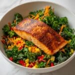 Grilled Salmon Kale Salad with Corn, Tomato, and Parmesan Recipe