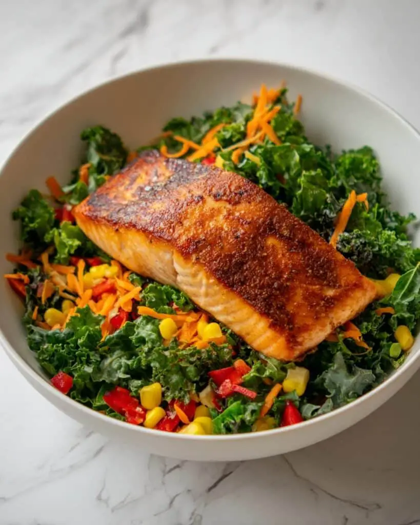 Grilled Salmon Kale Salad with Corn, Tomato, and Parmesan Recipe