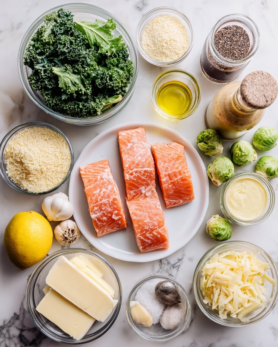 The image shows a white marbled surface with several clear glass bowls and containers arranged neatly, each holding different ingredients. There are four pieces of pink-orange salmon placed on a white plate in the center. To the left, a clear glass bowl is filled with bright green leafy kale, and above it, another bowl holds green Brussels sprouts. Around these, smaller clear bowls contain beige breadcrumbs, light shredded cheese, a yellow liquid (likely oil), and dark spices. There is a whole lemon, a small garlic bulb, a can of white beans, a stick of butter, a jar of light yellow Dijon mustard, a jar of mayonnaise, and a tan bottle of Worcestershire sauce. The layout is clean, orderly, and bright, set on a white marbled surface. Photo taken with an iphone --ar 4:5 --v 7