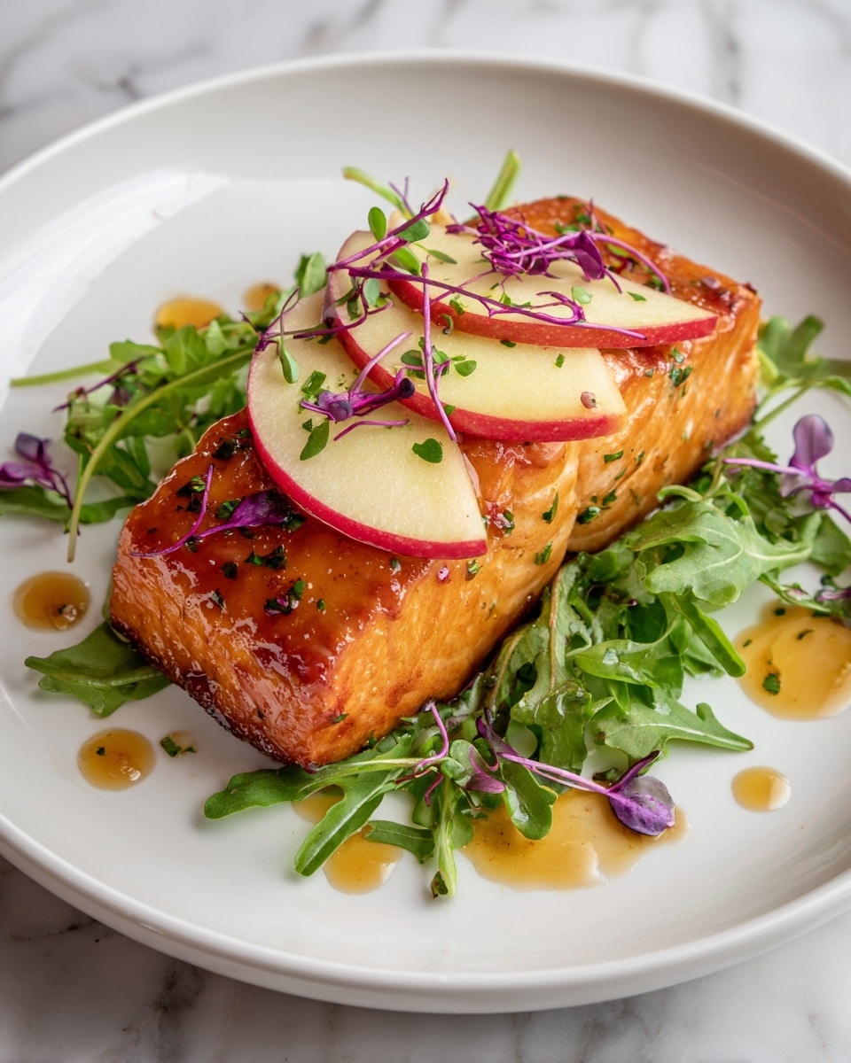 A white plate with a piece of cooked salmon on top of fresh green arugula leaves. The salmon is golden-brown with a shiny glaze and small herbs sprinkled on it. On top of the salmon are thin slices of light yellow apple, decorated with thin purple-red microgreens. Some sauce drops are around the plate on a white marbled surface. photo taken with an iphone --ar 4:5 --v 7