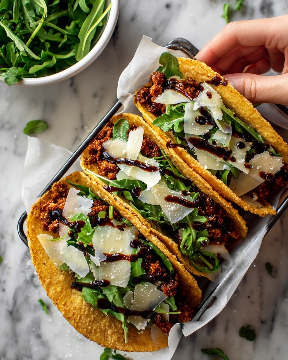 The image shows three tacos in a metal taco holder on a white marbled surface. Each taco has a light golden crispy shell filled with a deep reddish-brown fried filling that looks crunchy. On top, there are bright green arugula leaves layered with thin, uneven slices of pale cheese. Dark balsamic glaze is drizzled over the arugula, adding a shiny, smooth texture. A woman’s hand is holding the middle taco from the top right, gently lifting it. In the background, there is a white bowl with fresh green arugula. The whole scene is close up, showing clear textures and fresh ingredients. Photo taken with an iphone --ar 4:5 --v 7