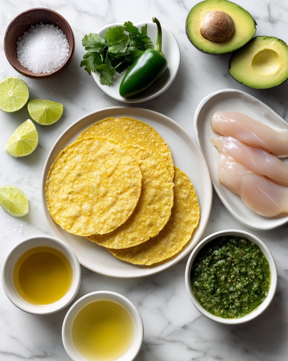 A white plate on a white marbled surface holds four yellow corn tortillas arranged slightly overlapping. To the left, three raw pale pink chicken fillets lie flat directly on the white marbled surface. Above the tortillas is a whole green jalapeño pepper and to the right of it is a small heart-shaped white bowl filled with fresh green cilantro leaves. Above the cilantro bowl is a large white bowl filled with thick green salsa. Around these main items are small white bowls each holding different liquids: light golden oil, pale green lime juice, and honey-colored syrup. Lime wedges are scattered near the chicken fillets and jalapeño. A small dark wooden bowl with white salt is near the top left. Two halves of a ripe avocado with green fruit and brown pits are placed at the top right. The scene is simple and fresh, photo taken with an iphone --ar 4:5 --v 7