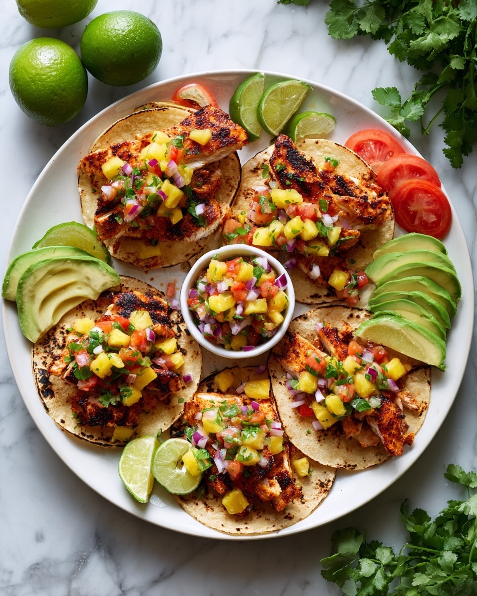 A white plate holds six tacos in a circle, each with three layers: a soft, lightly charred tortilla as the base, followed by golden-brown grilled chicken strips, and topped with a mix of chopped yellow pineapple, red tomato, red onion, and some green herbs, creating a colorful, fresh salsa on top. Around the tacos, there are slices of bright green avocado and red tomato wedges, along with fresh green cilantro sprigs for garnish. A white ramekin filled with the same salsa is placed on the side with some lime wedges next to it. The scene is set on a white marbled surface with two whole green limes and a leafy green plant visible in the background. Photo taken with an iphone --ar 4:5 --v 7