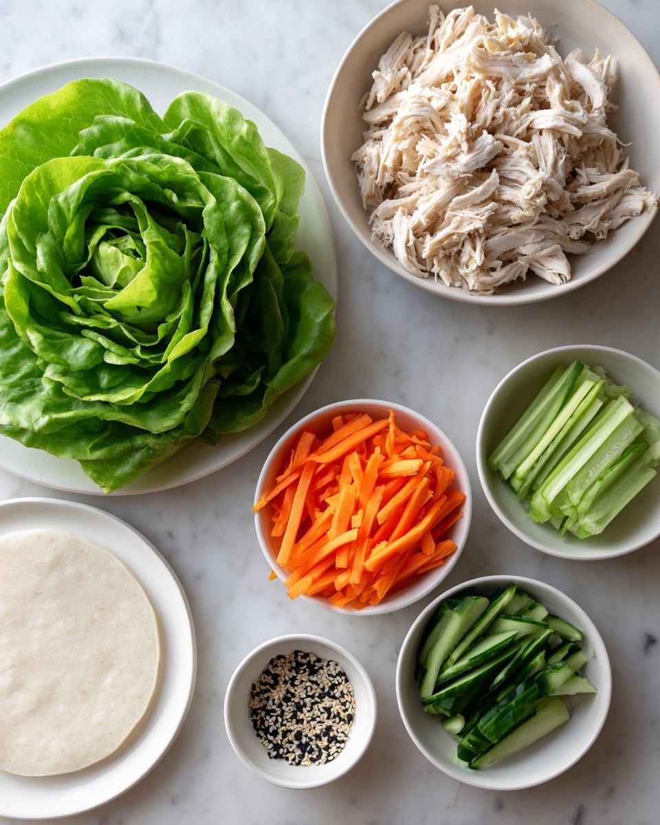 A white round plate holds fresh bright green butter lettuce leaves arranged in a rosette shape. Above it, a white bowl is filled with shredded cooked chicken, showing soft, light beige pieces. To the right, three small white bowls contain thin green cucumber strips, vibrant orange shredded carrots, and longer green cucumber sticks, each group neatly placed. Below the cucumbers, a tiny white bowl is filled with a mix of black and white sesame seeds. On the upper left, a white round plate has a smooth, pale circular rice paper wrapper. All items are placed on a white marbled surface. photo taken with an iphone --ar 4:5 --v 7