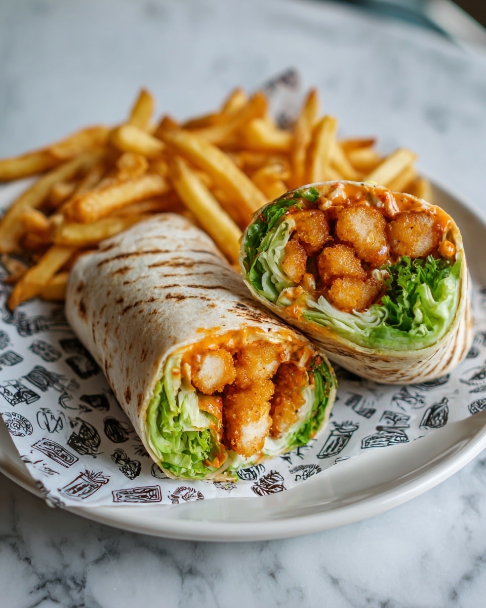 The image shows two halves of a wrap sandwich placed side by side on a white plate lined with paper that has black text and patterns. Each wrap is filled with several layers: a tortilla wrap that is lightly grilled with faint brown marks, a layer of bright green lettuce leaves, and a thick filling of golden brown crispy pieces coated in an orange sauce. In the background, there are some golden-brown French fries slightly out of focus. The entire plate is set on a white marbled surface. photo taken with an iphone --ar 4:5 --v 7