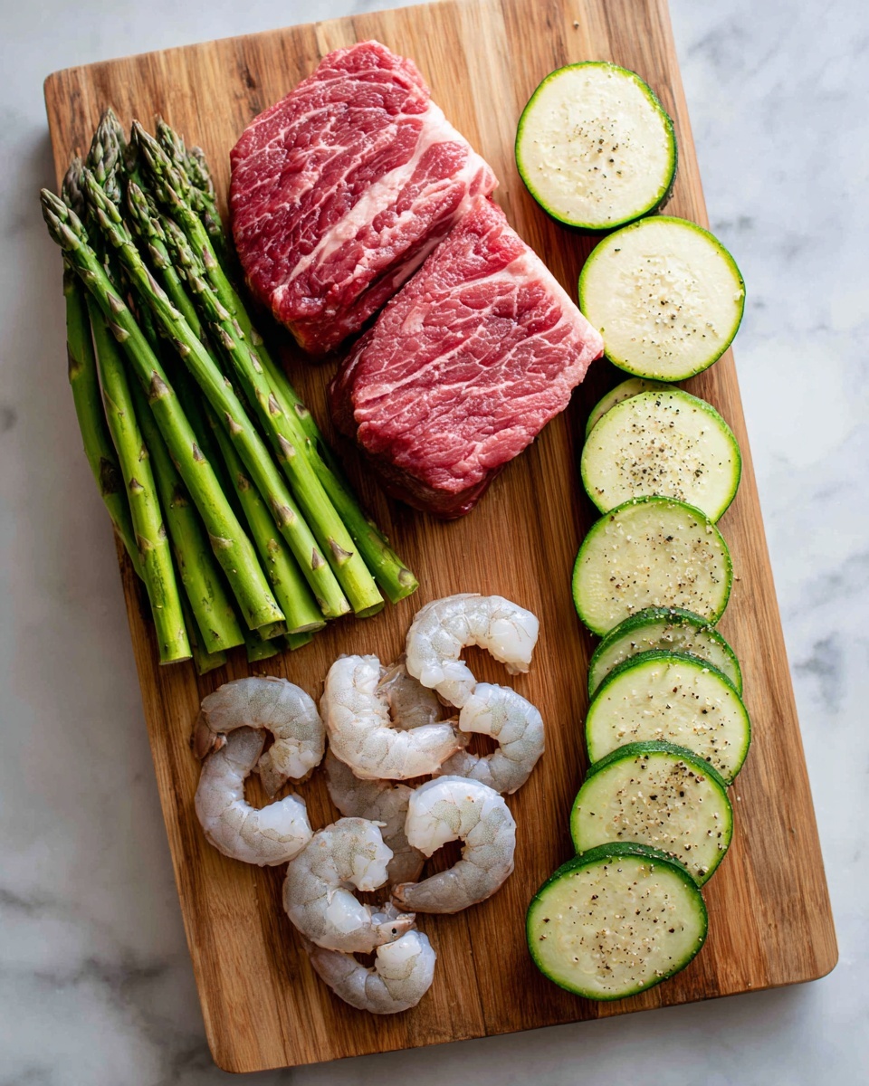 The image shows a wooden cutting board on a white marbled surface, arranged with fresh raw ingredients. On the left side, there are two thick slices of red meat with white marbling. Below the meat, a bundle of green asparagus spears is placed, pointing to the left. To the right of the meat, there are six peeled raw shrimp lined up side by side, their pale gray-white color contrasting with the wooden board. On the far right side, six round slices of zucchini are arranged in a vertical line, each slice light green with a slightly darker edge and lightly sprinkled with black pepper. Photo taken with an iphone --ar 4:5 --v 7