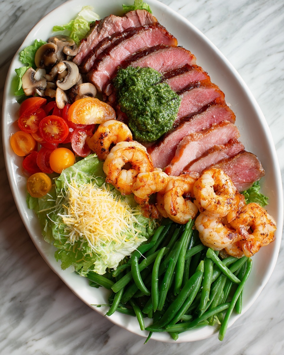 A white oval plate filled with several food layers sits on a white marbled surface. On the left side, slices of pink and red cooked meat are arranged in a neat row with a small mound of green sauce on top. To the right of the meat, a few grilled shrimp with a golden-orange color are placed closely together. Below the shrimp and meat, fresh green beans and mushrooms are positioned next to each other, creating a green and white mix. On the bottom left, a portion of light green lettuce topped with grated cheese and a few bright red and orange sliced tomatoes complete the dish. Photo taken with an iphone --ar 4:5 --v 7