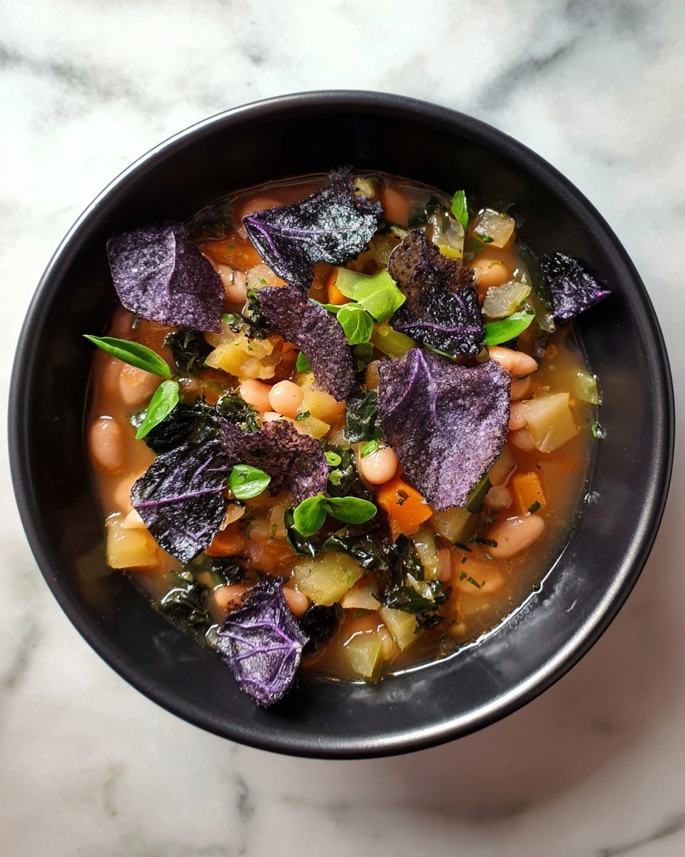 The image shows a black bowl filled with a colorful stew made of light brown beans and diced yellow-green vegetables in a light broth. On top, there are scattered pieces of dark purple, crisp chips and fresh green leafy herbs. The stew looks warm and slightly shiny. The bowl sits on a white marbled surface. photo taken with an iphone --ar 4:5 --v 7