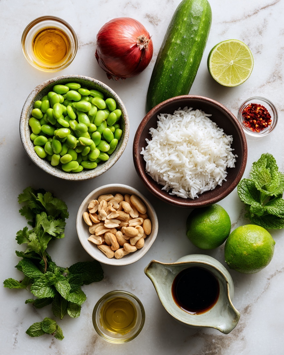 Crispy Rice Salad with Cucumbers and Fresh Herbs Recipe 4 A top view of various fresh ingredients arranged on a white marbled surface, including a brown bowl with white rice in the center; a bowl of green edamame on the bottom left; a small white bowl filled with light brown peanuts at the top middle; a long, fresh green cucumber to the right of the rice bowl; a red shallot and bright green cilantro leaves on the upper left; a small glass container with golden liquid near the left; a small white bowl with light brown liquid above the cucumber; a glass container with a metal spout filled with light oil on the lower right; dark soy sauce in a small glass cup near the bottom center; a small bowl of red chili flakes near the bottom left; along with dark green avocado, bright green lime, and fresh mint leaves near the bottom and right edges photo taken with an iphone --ar 4:5 --v 7