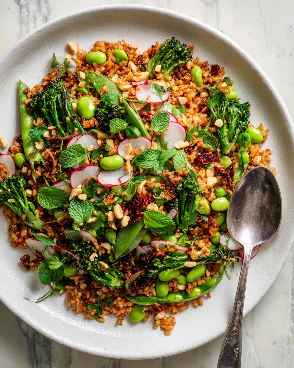 Crispy Rice Salad with Cucumbers and Fresh Herbs Recipe 5 The dish is a close-up view of a white plate filled with a colorful mixed rice salad. The base layer is golden-brown crispy rice, with small, individual grains visible and some toasted bits scattered on top. Among the rice are bright green broccolini florets and edamame beans, giving splashes of fresh green. Thin slices of red and white radish are spread evenly, adding contrast. The dish is topped with roughly chopped light brown peanuts and fresh green herb leaves, including cilantro and mint, which add texture and color. The plate sits on a white marbled surface, with a spoon resting on the side. Photo taken with an iphone --ar 4:5 --v 7