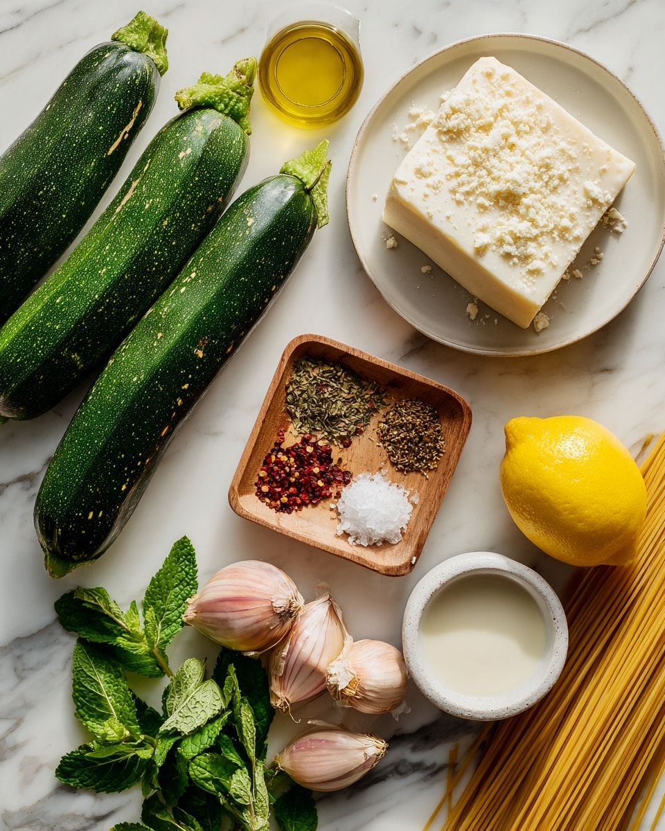 The image shows fresh ingredients neatly arranged on a white marbled surface: three whole zucchinis with shiny green skin on the left side; a small white bowl of light yellow oil above them; a white plate with a block of hard cheese lightly textured with crystals at the top right; a small square wooden dish below the oil holding red pepper flakes, dried herbs, ground pepper, and salt in separate sections; a bright yellow lemon next to the cheese; a small white bowl with a creamy white liquid near the lemon; a bunch of fresh green mint leaves below the wooden dish; three whole shallots with light brown outer skin and one shallot cut in half showing its purple and white layers, placed on a small light wooden tray in the bottom left corner; finally, a bundle of uncooked thin spaghetti pasta on the right edge. Photo taken with an iphone --ar 4:5 --v 7