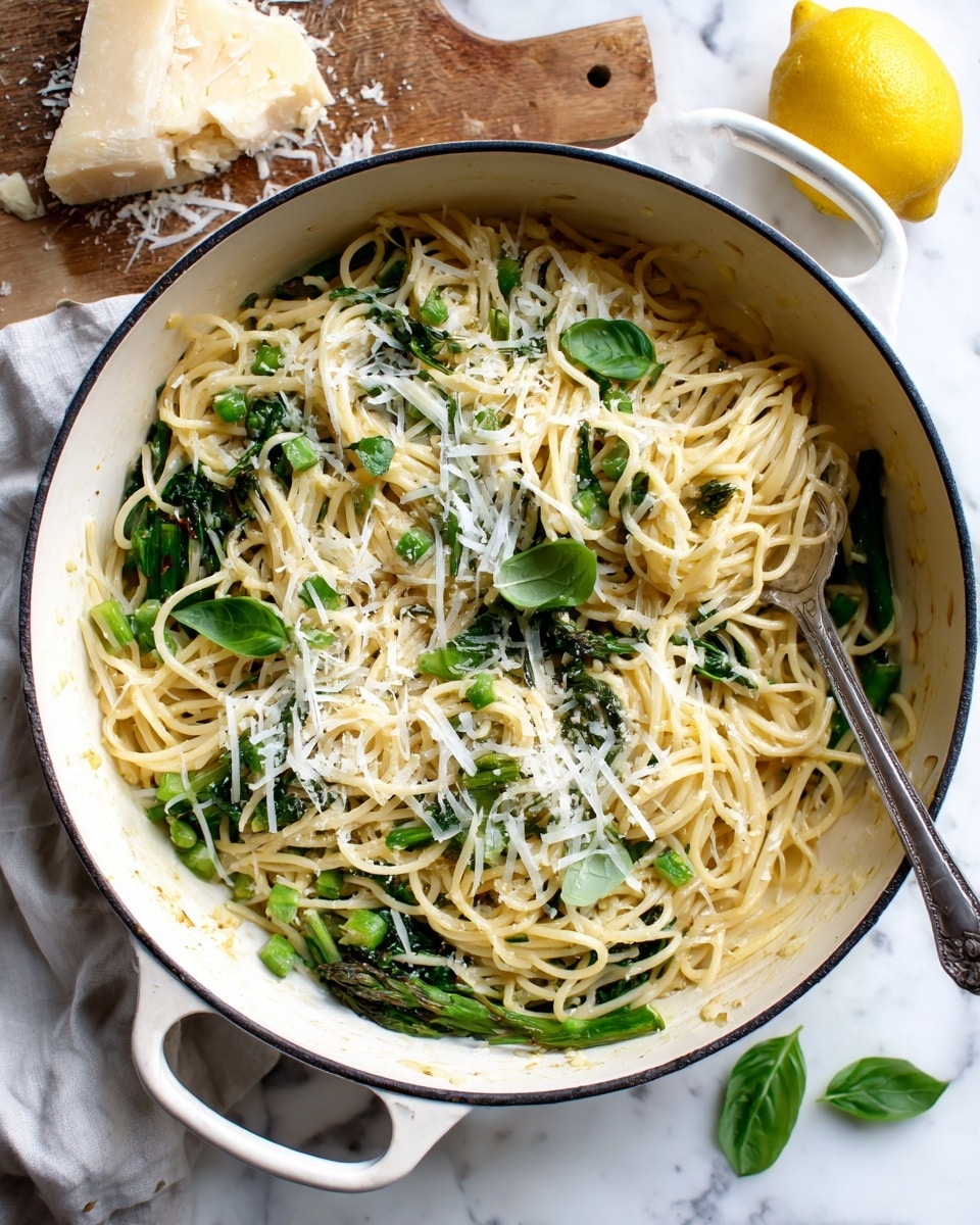 A large white enamel pot holds a serving of spaghetti mixed with small green vegetable pieces and sprinkled with thin, white shredded cheese. There are fresh green basil leaves scattered on top of the pasta and a silver fork rests inside the pot at the bottom right. Half a bright yellow lemon sits on the right edge of the pot. In the background, a wooden board with a block of cheese and more shredded cheese is visible on a white marbled surface. photo taken with an iphone --ar 4:5 --v 7