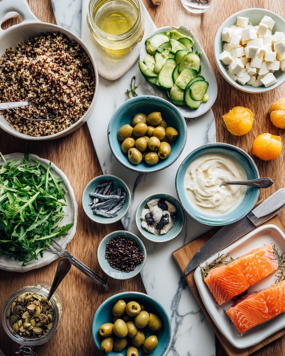 A top-down view of a wooden table filled with many small white bowls and dishes containing different foods. There is a white pan with cooked quinoa filling most of it, next to a bowl with sliced avocado. Nearby, a small bowl has anchovies with oil and a spoon inside it. A small round white bowl filled with white cheese cubes sits on a wooden board next to a white bowl of yellow sauce with a spoon. A teal bowl holds green arugula and cucumber slices. There is a white tray with two salmon pieces beside a small teal bowl with a dark food inside. A white bowl with creamy white sauce and a spoon, another with olives, a glass jar with a creamy paste with a spoon, and several small bowls with black seeds, salt, chopped green herbs, halved tangerines, and cherry tomatoes complete the spread. A cleaver and two spoons rest on the table, which has a white marbled texture. photo taken with an iphone --ar 4:5 --v 7