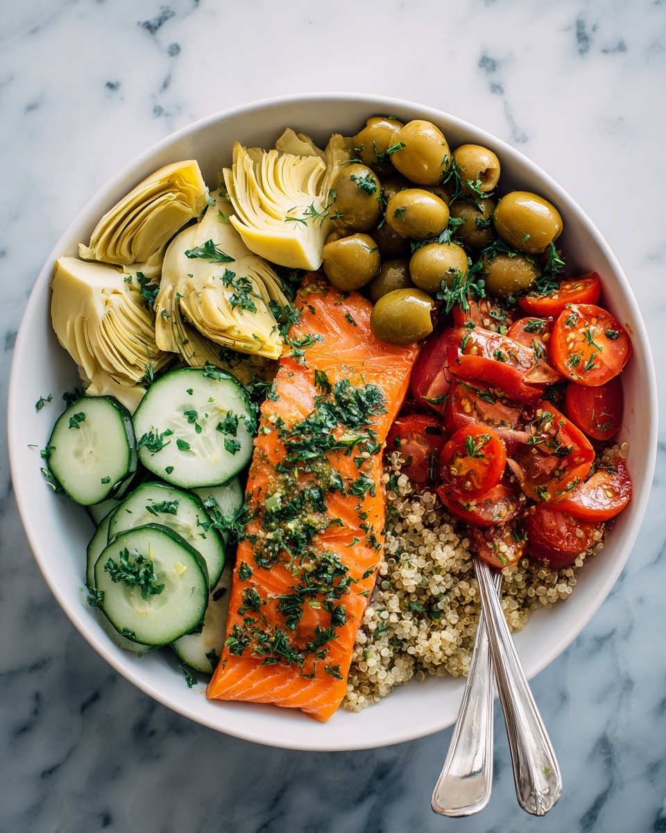 The white bowl holds a colorful mix arranged in sections: on the top left, soft light yellow artichoke hearts with green herbs sprinkled on top; below that, glossy green olives sit next to several slices of fresh cucumber with their dark green skins. In the center, a bright orange cooked salmon fillet covered with green herb pieces lies diagonally. To the right of the salmon, vibrant red cherry tomato halves with herbs; next to the tomatoes, a pile of fluffy tan quinoa mixed with fresh herbs. At the bottom left, thin slices of pale onion peek out under the olives. Two white spoons rest in the lower part of the bowl. The bowl sits on a white marbled surface. photo taken with an iphone --ar 4:5 --v 7