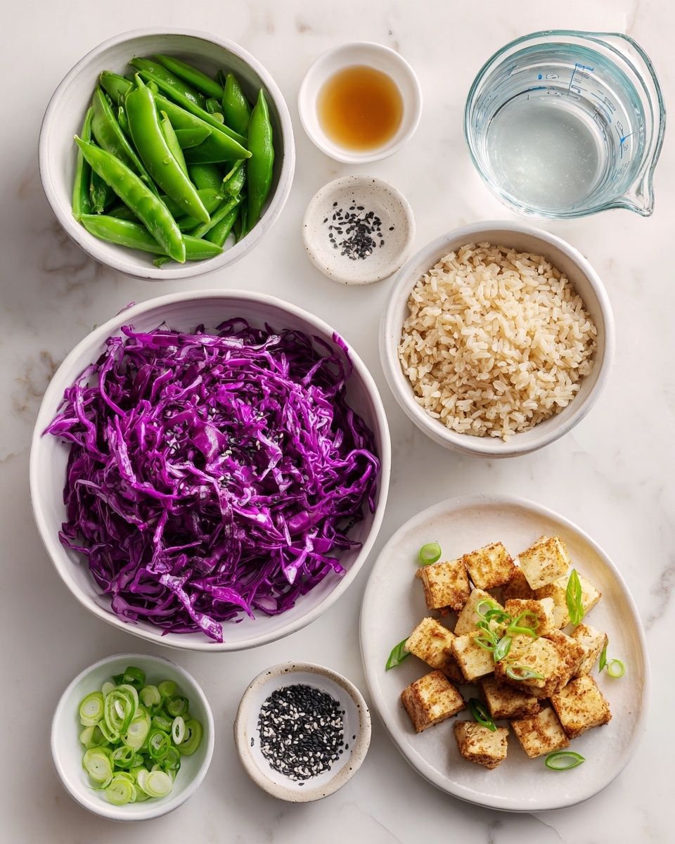The image shows several white dishes and a glass measuring cup arranged on a white marbled surface. The largest white bowl at the top center holds bright purple shredded cabbage with a slightly wet texture. Below and to the left, another white bowl contains fresh green snap peas cut into small pieces. At the bottom left, a small white bowl is filled with chopped green onions. To the right of that, a white plate is piled with small golden-brown tofu cubes, garnished with sliced green onions. A glass measuring cup filled with light brown dry rice sits at the mid-right part of the image. At the top right, a glass bowl holds clear water, and next to the cabbage bowl is a small white bowl filled with black sesame seeds. Near the snap peas is a small white bowl of light brown sauce. The colors are vibrant and the textures range from crisp vegetables to firm tofu. photo taken with an iphone --ar 4:5 --v 7