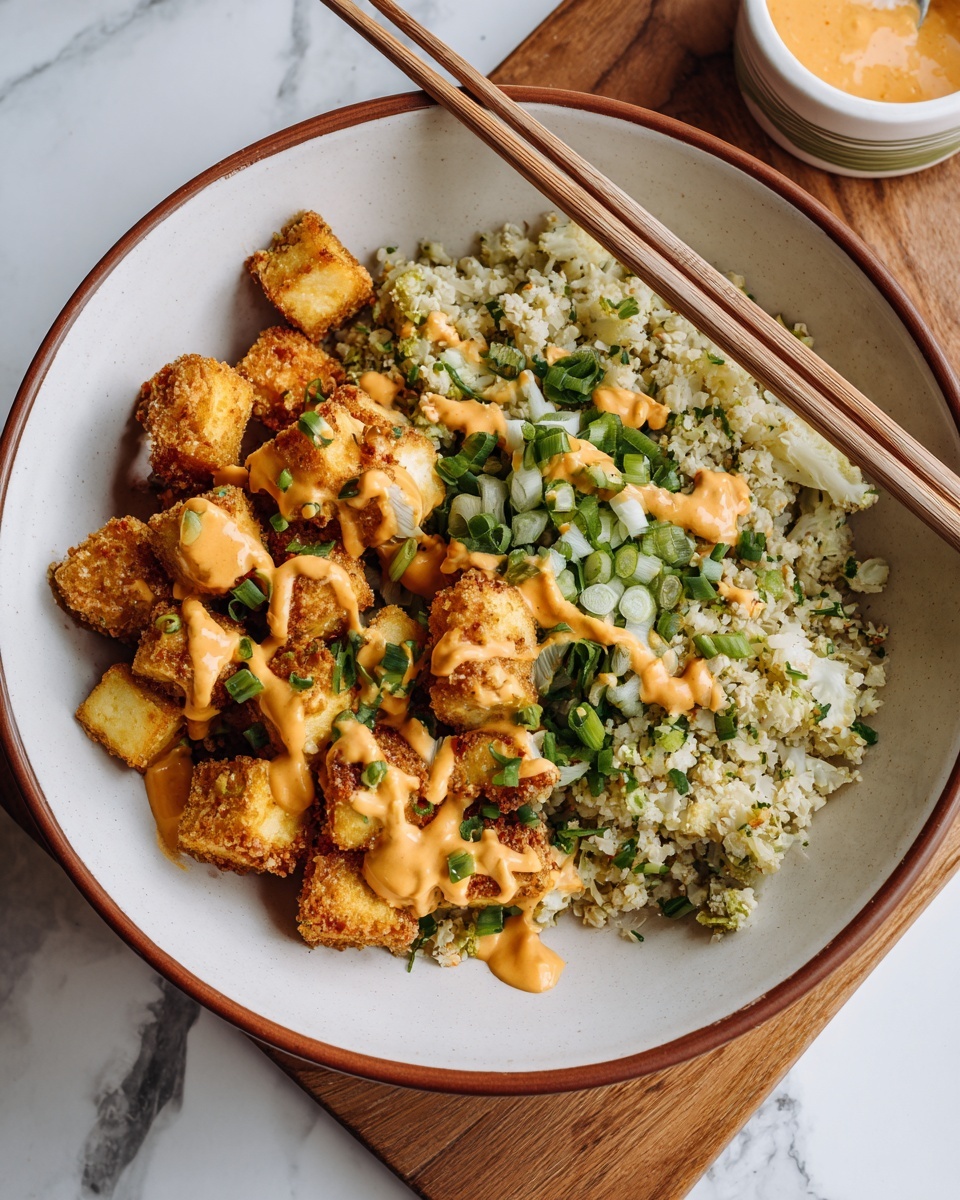 The dish is served in a large white bowl with a brown rim, placed on a white marbled surface with a wooden board nearby. The bowl contains two main layers: on the left, small golden-brown cubes of tofu, crisp and slightly uneven in texture, are drizzled with a creamy orange sauce. On the right side, there is a layer of cooked cauliflower rice, pale with small bits of green herbs and finely chopped green onions sprinkled on top. The orange sauce lightly covers parts of the cauliflower rice as well. Two light brown wooden chopsticks rest on the edge of the bowl and on the tofu, angled diagonally. The overall look is fresh and colorful with contrasting textures. Photo taken with an iphone --ar 4:5 --v 7