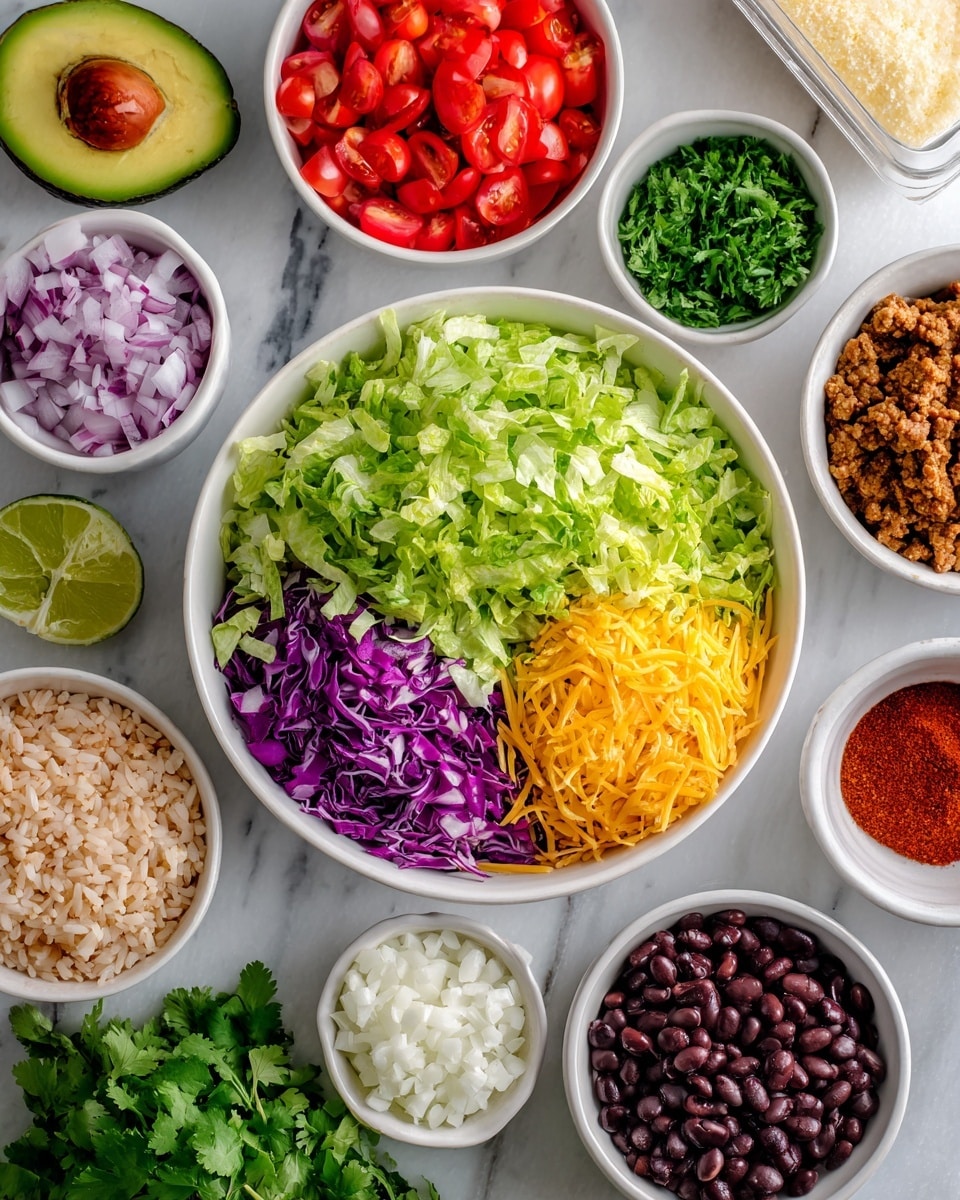 The image shows a large white bowl filled with bright green chopped lettuce at the top center. Around it, there are smaller white bowls placed on a white marbled surface, each containing different ingredients: light brown cooked rice, finely shredded purple cabbage, finely diced red onions, chopped red tomatoes, black beans, shredded yellow cheddar cheese, a green sauce, red seasoning powder, and white salt. There is also a container of ground beef in its package to the right side of the large bowl, a halved avocado to the left, a halved lime at the bottom left, and some fresh cilantro near the top right corner. The colors are vivid and fresh, showing the textures of each ingredient clearly. Photo taken with an iphone --ar 4:5 --v 7