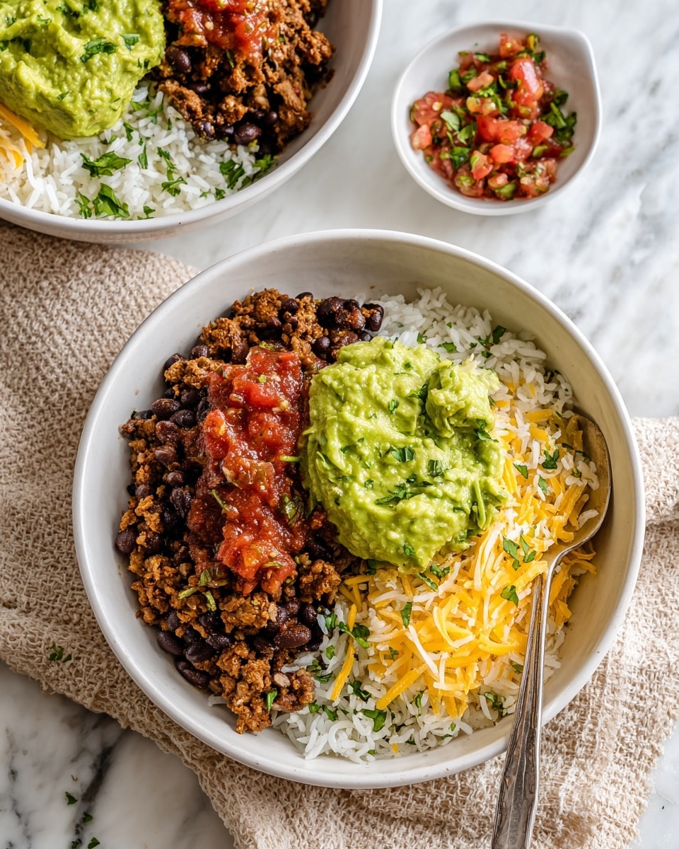 Two white bowls sit on a white marbled surface, each filled with a layered dish. The base layer is fluffy white rice mixed with green herbs scattered on top. On one side of the rice sits a mix of cooked ground meat and black beans, with a crumbly texture and dark brown and black colors. Bright red chunky salsa is spooned over the meat mixture in several spots. Next to the salsa, there is a layer of finely shredded yellow cheese partially melted in places. At the very center of the bowls, a generous scoop of bright green mashed avocado or guacamole creates a soft, smooth mound. A silver spoon rests in the front bowl, and a small white bowl with a spoon holding extra salsa is placed in the background. The scene is accented by a textured beige cloth under the bowls. photo taken with an iphone --ar 4:5 --v 7