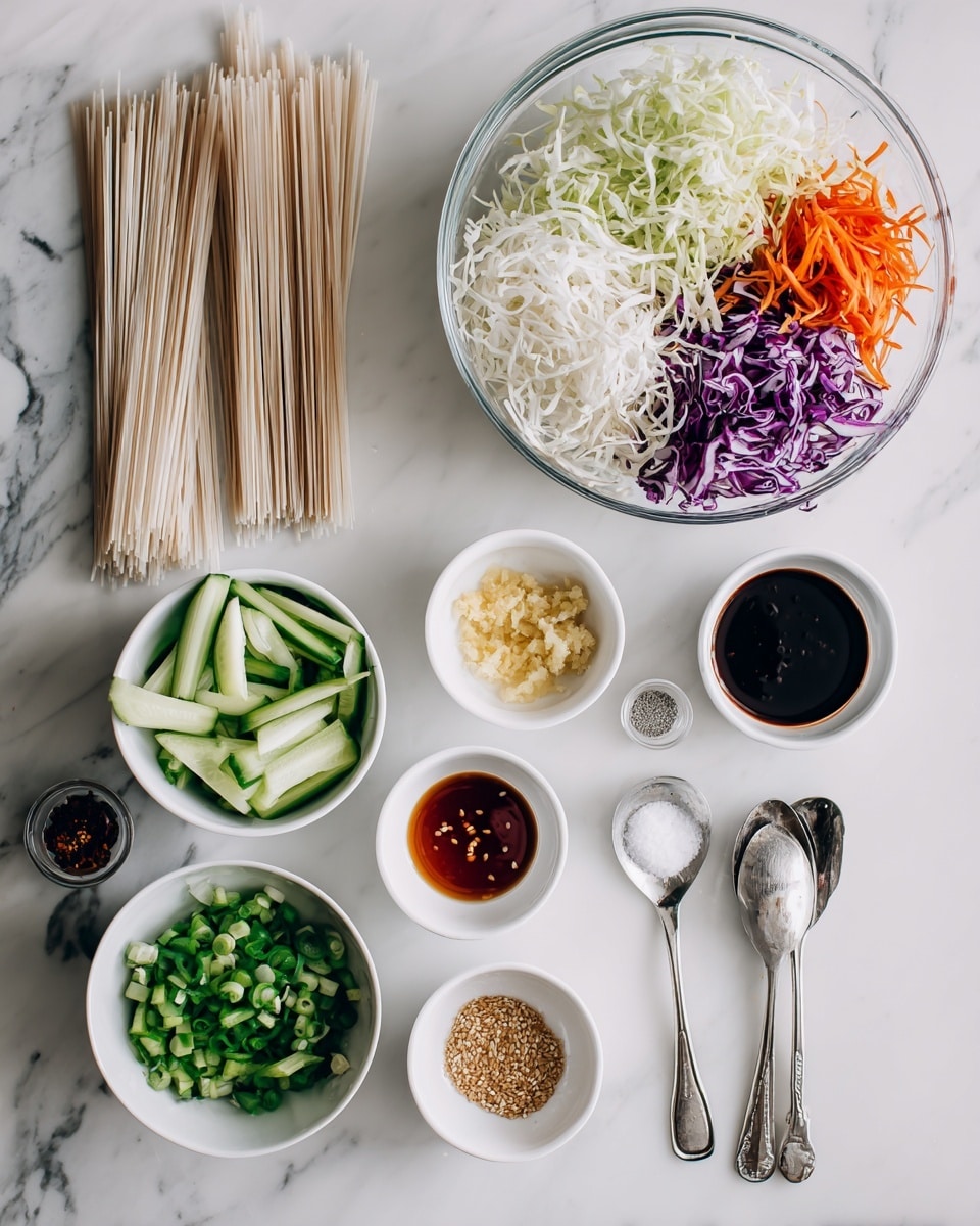 The image shows ingredients for a dish arranged neatly on a white marbled surface. At the top right, there is a large clear glass bowl filled with shredded white and purple cabbage and thin carrot strips. Below this bowl, from left to right, there is a white bowl with bright green sliced cucumber sticks, a white bowl with chopped green onions, and two silver spoons holding grated ginger and minced garlic, with a pinch of salt and pepper next to them. There are several small white bowls and spoon containers holding various sauces and seasonings, including dark soy sauce, a reddish sauce, peanut butter, sesame seeds, and a light brown liquid. On the left side, two bundles of dry thin noodles are placed side by side. The setup is clean and organized, focused on fresh, colorful ingredients. Photo taken with an iphone --ar 4:5 --v 7