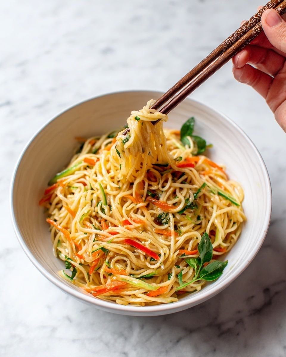 A white bowl filled with thin yellow noodles mixed with thin orange carrot strips and thin green cucumber strips. The noodles and vegetables are coated in a light sauce, giving them a slight shine. A pair of wooden chopsticks held by a woman's hand is lifting a tangled bunch of noodles from the bowl. Some fresh green herbs are visible on one side near the edge of the bowl. The bowl sits on a white marbled surface. photo taken with an iphone --ar 4:5 --v 7