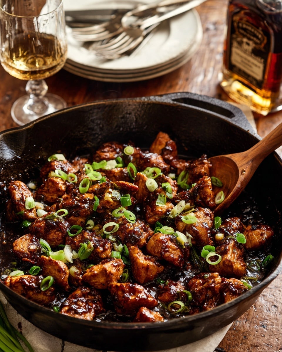 A black cast iron skillet filled with a glossy brown stir-fried chicken dish topped with chopped green onions, giving a fresh green contrast to the rich sauce and browned chicken pieces. The skillet rests on a wooden table beside a bunch of green onions and a bottle of whiskey. A wooden spoon is partially inside the skillet, appearing to be stirring or serving the dish. In the background, there is a white plate with stacked forks on it, placed on a white marbled surface. photo taken with an iphone --ar 4:5 --v 7