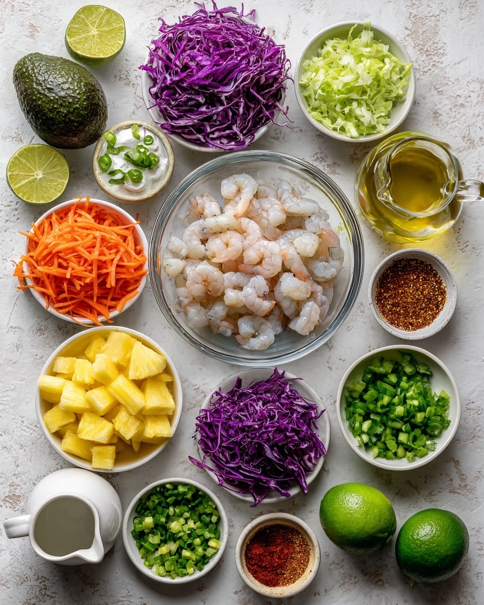 The image shows a top-down view of many small white bowls arranged on a white marbled surface, each filled with different fresh ingredients. In the center is a clear glass bowl with raw peeled shrimp that are pale and slightly pink, surrounded by bowls holding shredded purple and green cabbage and carrots, finely chopped red onions, chopped green peppers, sliced green onions, chopped cilantro, diced pineapple, a small white sauce bowl with a creamy white dressing, and a small bowl of mixed spices in reddish and brown tones. Also visible are two whole dark green avocados, a sliced lime showing a bright green inside, and a small white sauce pitcher with golden olive oil. The colors are fresh and vibrant, with a mix of whites, greens, purples, and oranges. Photo taken with an iphone --ar 4:5 --v 7