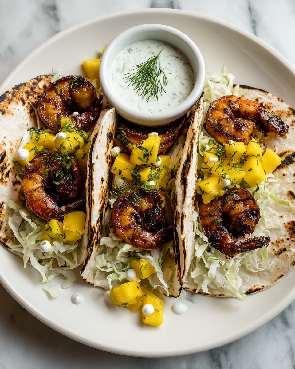 A white plate holds three soft tortillas, each lightly charred and folded to hold several layers. The bottom layer inside each tortilla is finely shredded white cabbage, topped with large, dark brown grilled shrimp. Bright yellow chunks of mango mixed with green herbs sit on top of the shrimp and around the plate. Small drops of white sauce are scattered over the shrimp and mango. A small white bowl with a creamy white sauce garnished with dill is placed beside the tortillas. The background is a white marbled texture. photo taken with an iphone --ar 4:5 --v 7