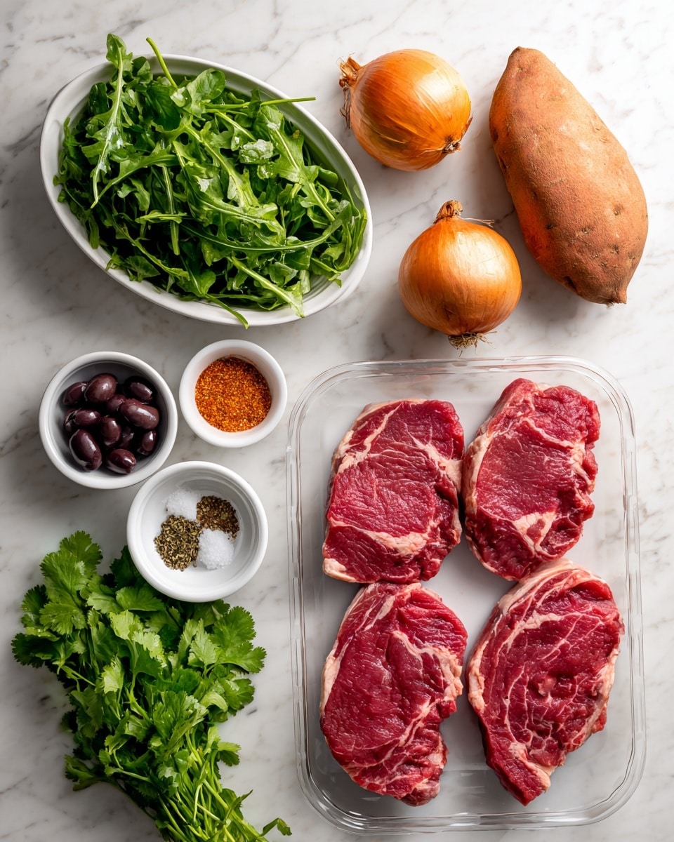The image shows an arrangement of raw ingredients on a white marbled surface. There is a clear plastic tray holding three uncooked red steaks with white marbling on the bottom right. Above the tray, a white oval dish is filled with fresh green arugula leaves. Near the top center, there are two whole sweet potatoes and a whole red onion. Small white bowls hold black olives, olive oil, a mix of dried herbs, salt, black pepper, and chili flakes next to the main ingredients. A bunch of fresh cilantro with bright green leaves is placed near the bottom left of the image. The whole scene is neatly organized and brightly lit, focused on raw and fresh ingredients photo taken with an iphone --ar 4:5 --v 7