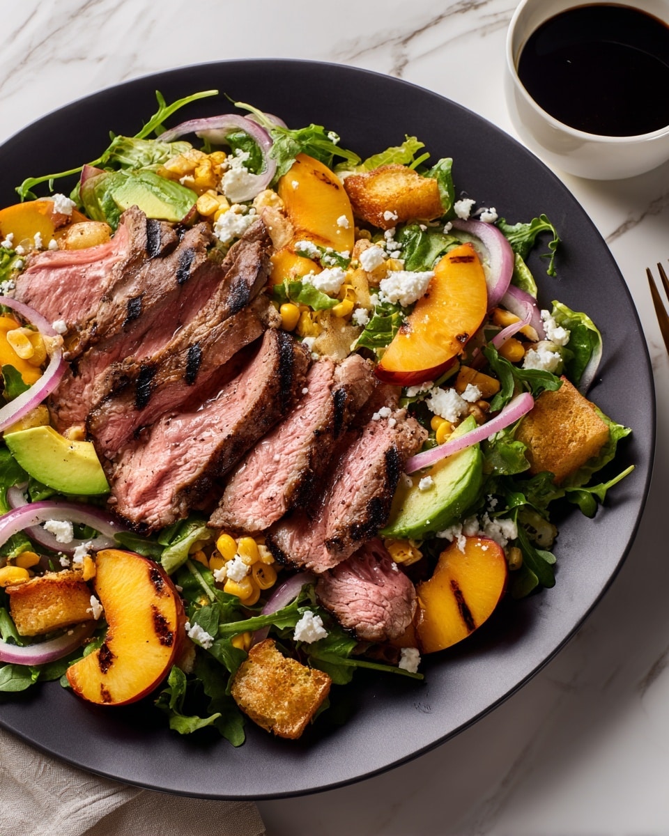 A large dark plate holds a fresh salad on a white marbled surface. The bottom layer is green leaves like arugula and mixed greens. Scattered on top are thick slices of cooked meat with pink centers, grilled corn cut into small round pieces with a light yellow color, and bright orange peach slices. Thin red onion strips and green avocado slices spread evenly across the salad add more texture. Crumbled white cheese and small golden-brown pieces of crispy bread are sprinkled all over the dish. A small white bowl of dark dressing sits in the background. Photo taken with an iphone --ar 4:5 --v 7