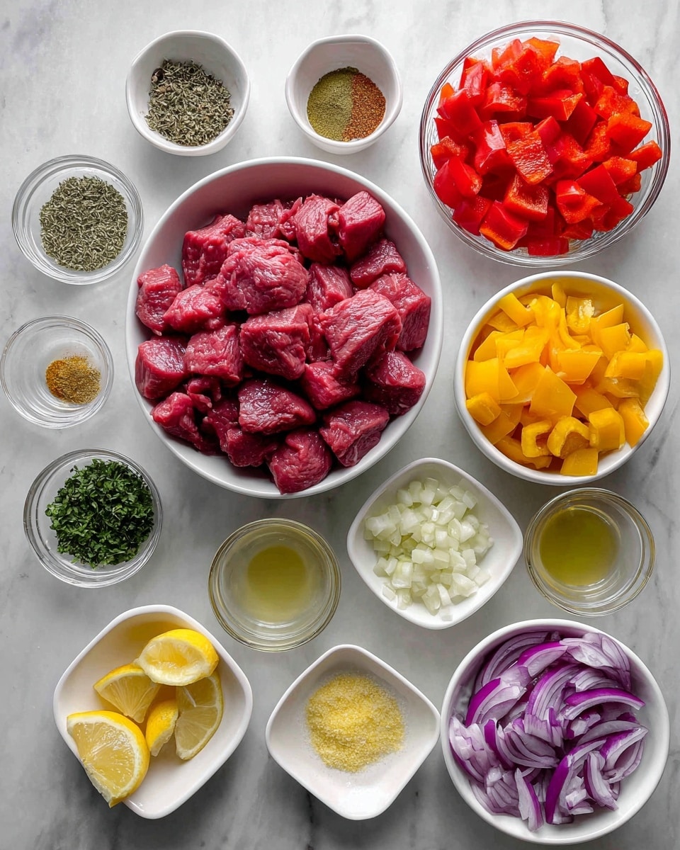 The image shows a top-down view of various ingredients arranged neatly on a white marbled surface, with each ingredient placed in separate white bowls or small dishes except for a few in clear glass bowls. In the center, there is a large white bowl filled with raw, red meat chunks. Surrounding it are smaller bowls: diced red bell peppers and yellow bell peppers in two clear glass bowls at the top right, diced purple onions in a square white bowl below them, and lemon wedges in another square white bowl below the onions. Smaller round white bowls contain chopped garlic, chopped green herbs, a light yellow liquid, dry green seasoning, and other powders or spices. At the top left, four bowls hold various dried herbs and spices. The setup is clean and colorful with the meat and vegetables providing strong red, yellow, and purple colors against the white bowls and marbled background. photo taken with an iphone --ar 4:5 --v 7